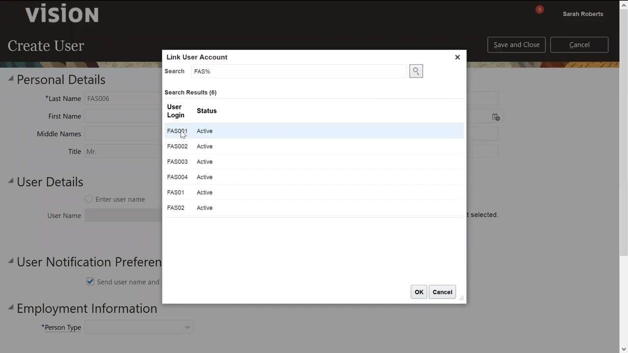 Link User Account dialog showing multiple user accounts, including FAS001 and FAS002, with status "Active."