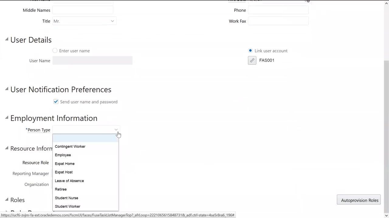 Link User Account dialog with user login FAS001 selected and status "Active." OK and Cancel buttons are visible.