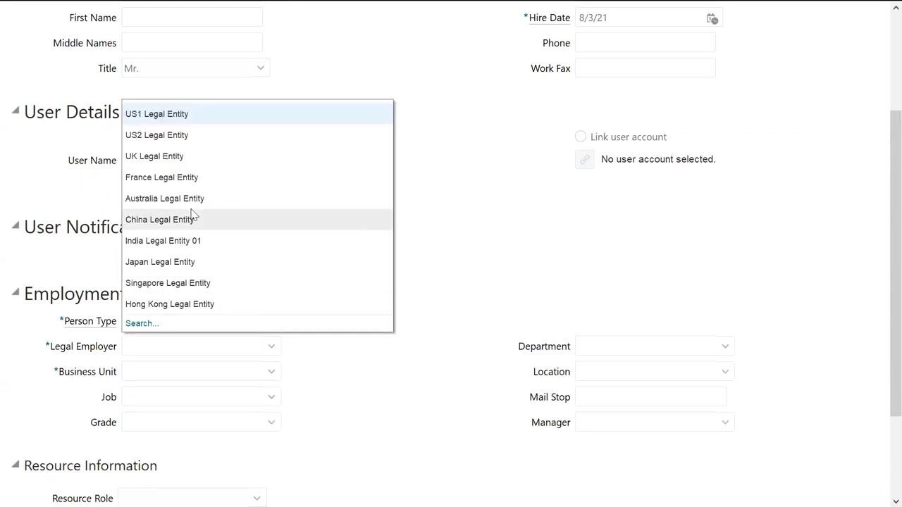 Person Type dropdown expanded with Employee selected among other options.
