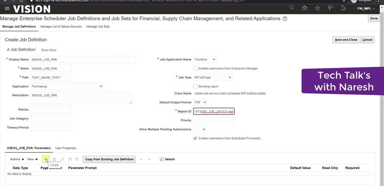 Create Job Definition screen with the Parameters section and the Create (plus) icon highlighted, ready to add a new parameter.