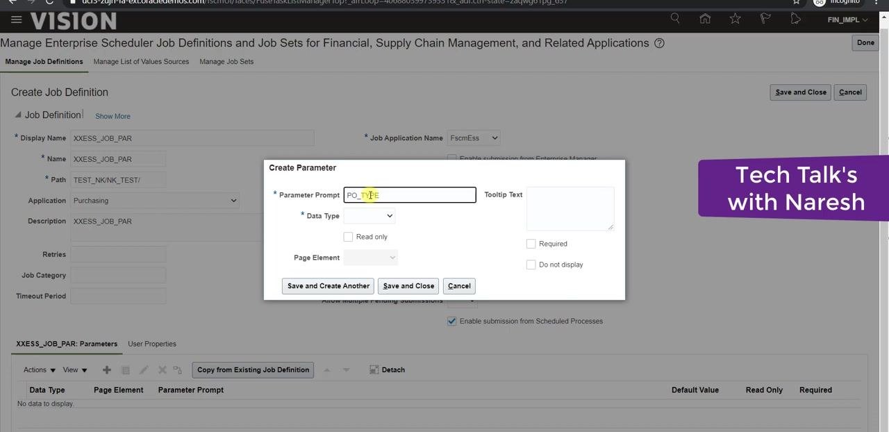 Create Parameter dialog open with Parameter Prompt set to PO_TYPE, Data Type ready to be set to String, and other options visible.