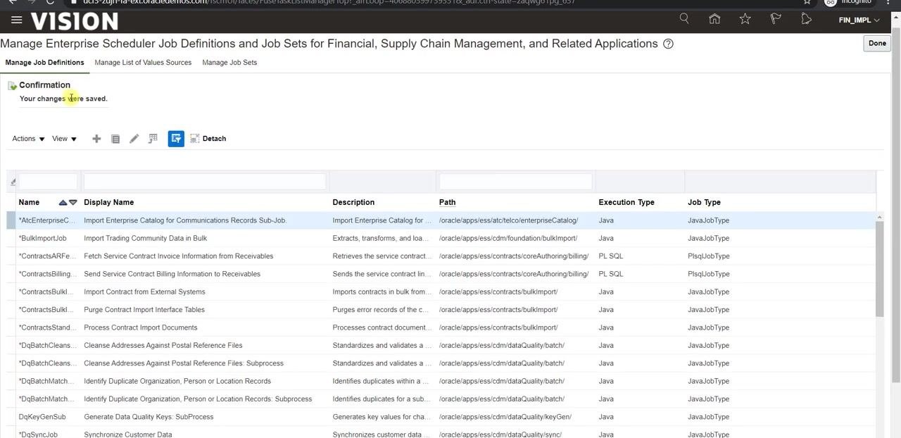 Confirmation message "Your changes were saved" on the Manage Job Definitions screen.