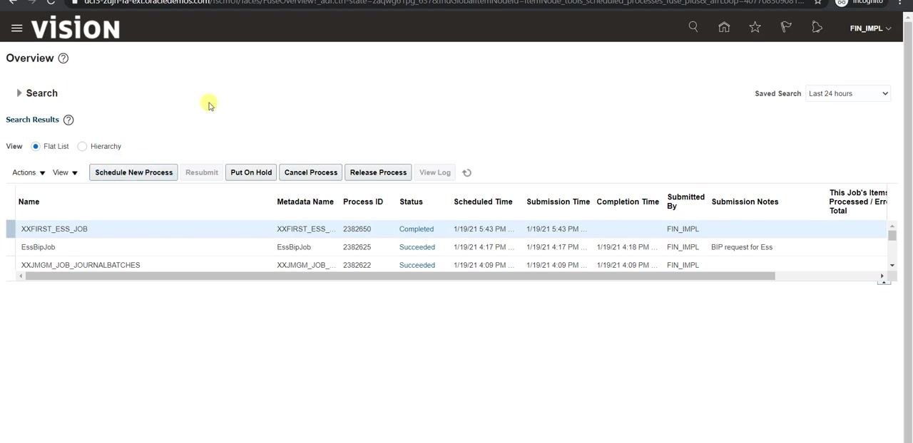 Scheduled Processes screen with the Schedule New Process button highlighted and the list of jobs shown.
