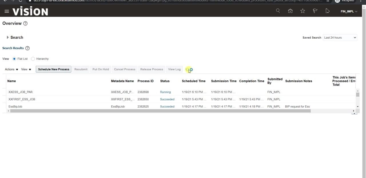 Scheduled Processes screen showing XXESS_JOB_PAR with status Running.