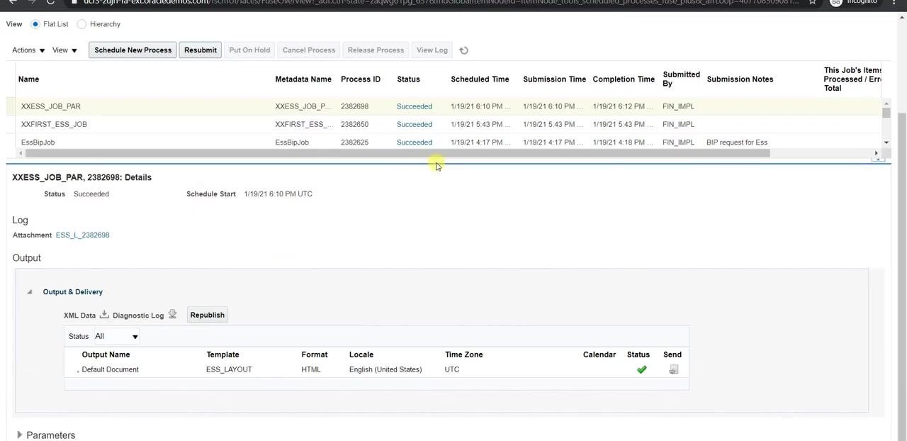 Scheduled Processes screen showing XXESS_JOB_PAR with status Succeeded.