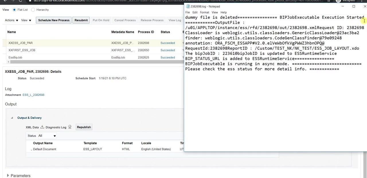 Scheduled Processes screen showing job details with output and log links, and a Notepad window displaying the log file contents.