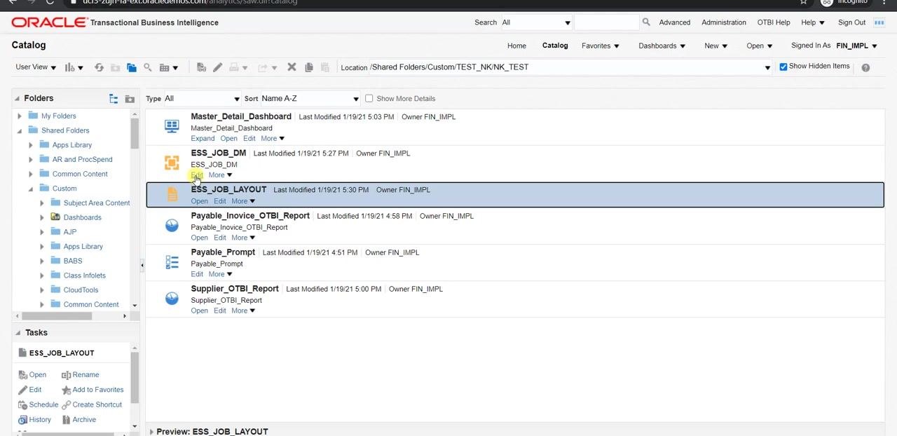 Oracle Fusion Catalog page with the cursor hovering over the Edit option for ESS_JOB_DM.