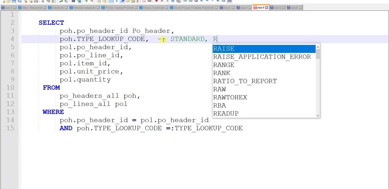 Notepad++ window showing the SQL query with a comment listing the possible TYPE_LOOKUP_CODE values and the bind variable in the WHERE clause.