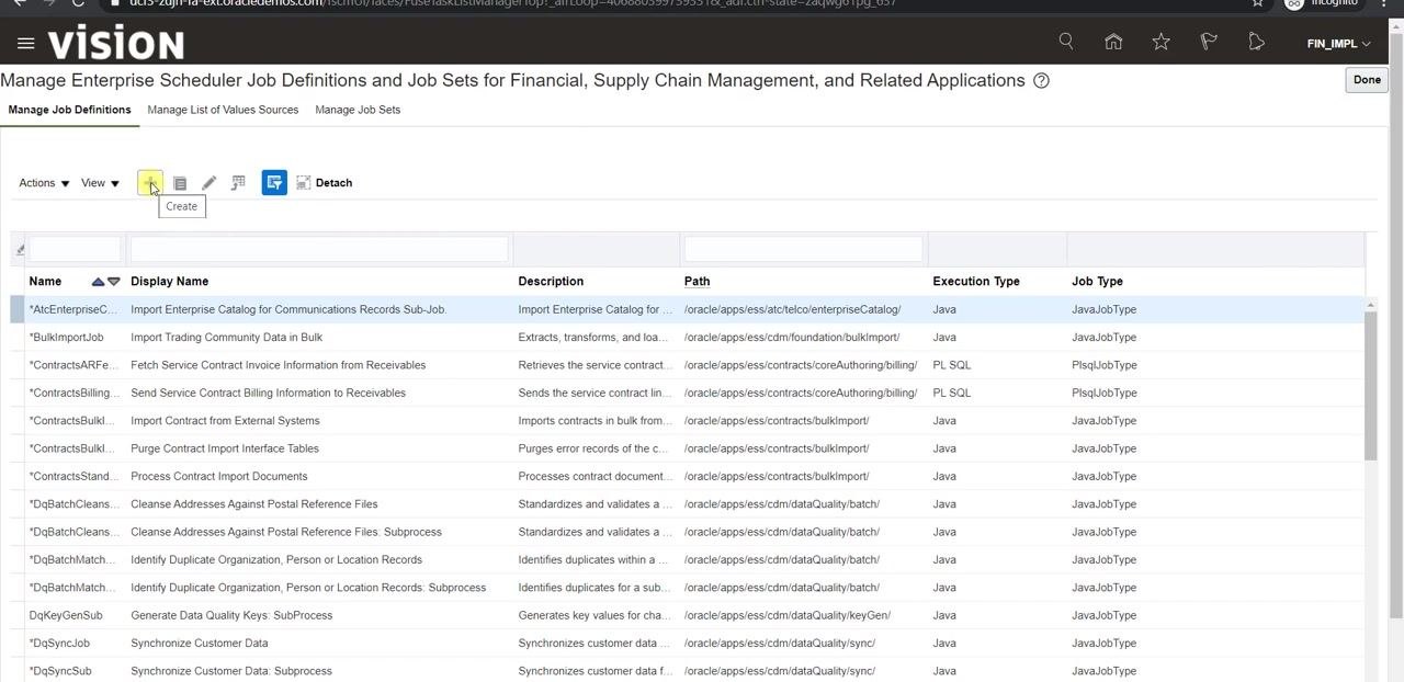 Oracle Fusion Setup and Maintenance screen showing the search for "Manage Enterprise Scheduler Job Definitions and Job Sets for Financial Supply Chain Management and Related Applications" and the selection of the correct task.