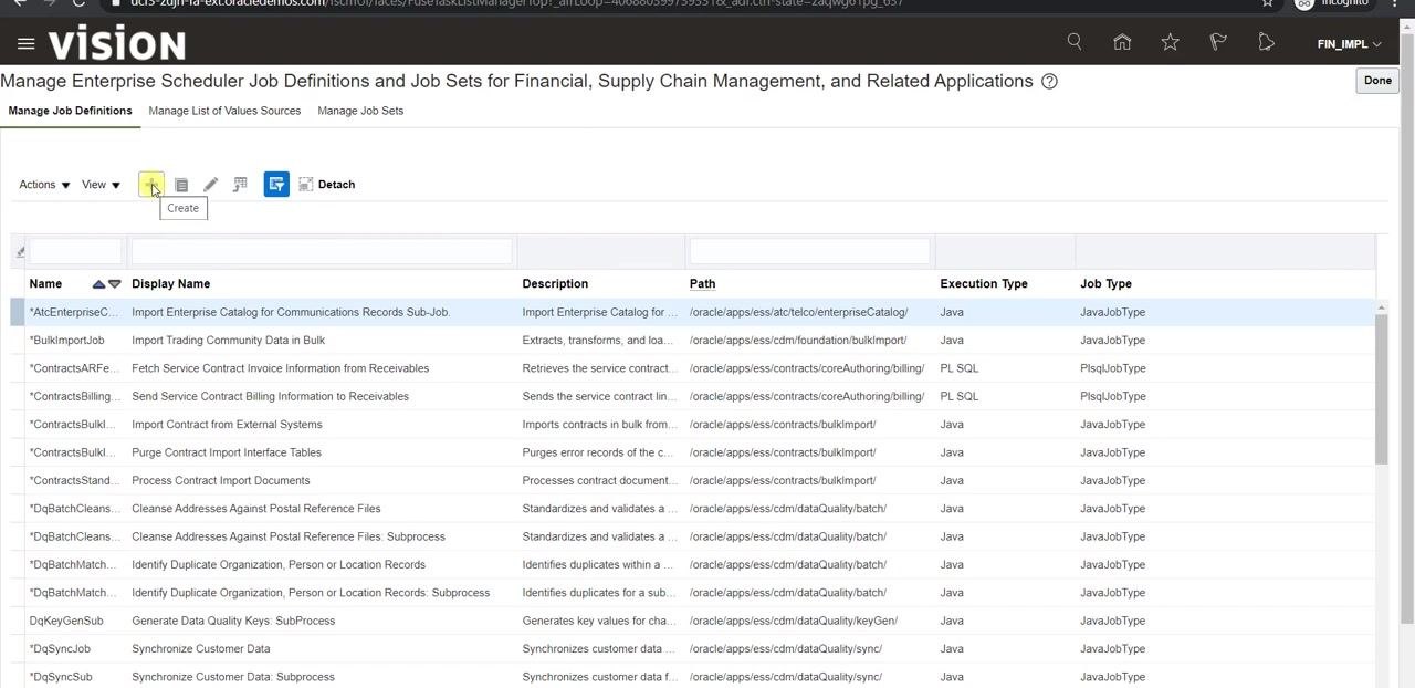 Create Job Definition screen with Display Name and Name fields filled as XXESS_JOB_PAR.