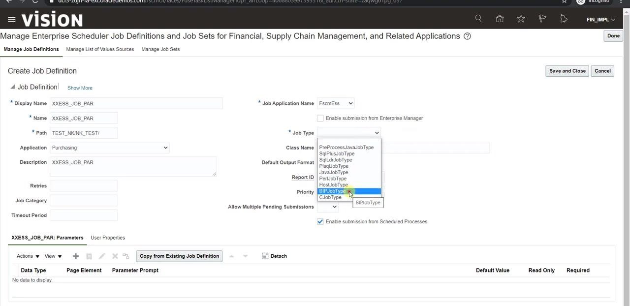 Create Job Definition screen with Job Type dropdown open and BIPJobType selected.
