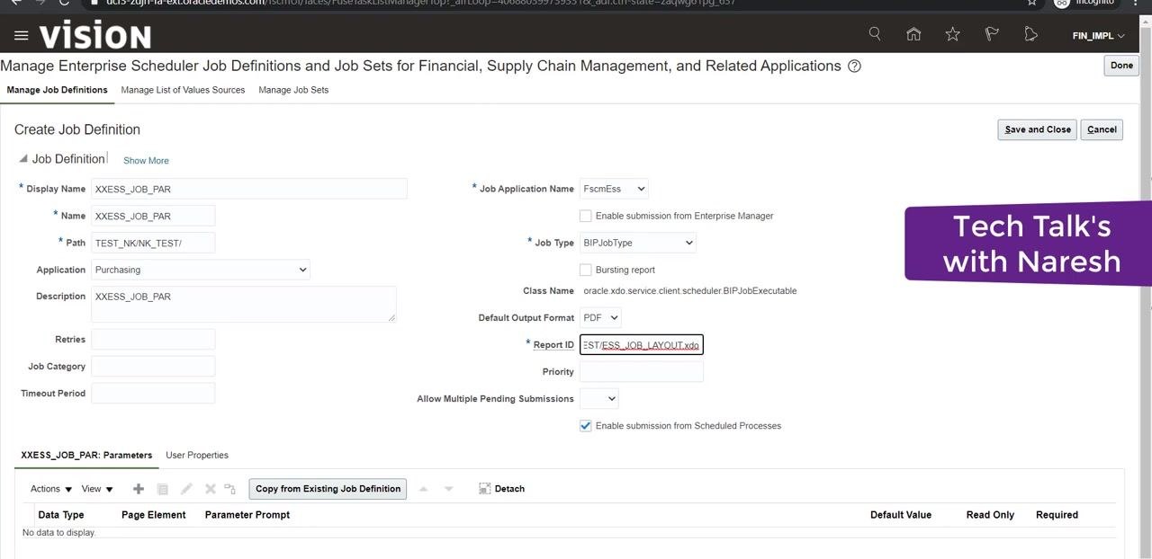 Create Job Definition screen with Report ID field filled as /TEST/ESS_JOB_LAYOUT.xdo.