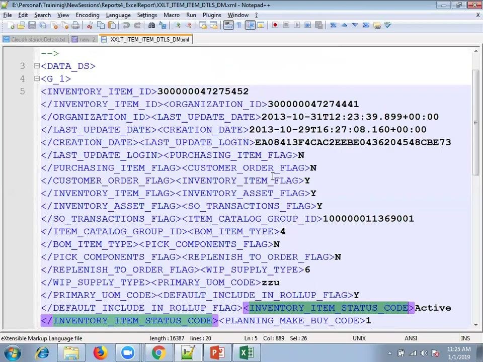 Notepad++ window displaying the XML data, with the INVENTORY_ITEM_STATUS_CODE tag and its value highlighted
