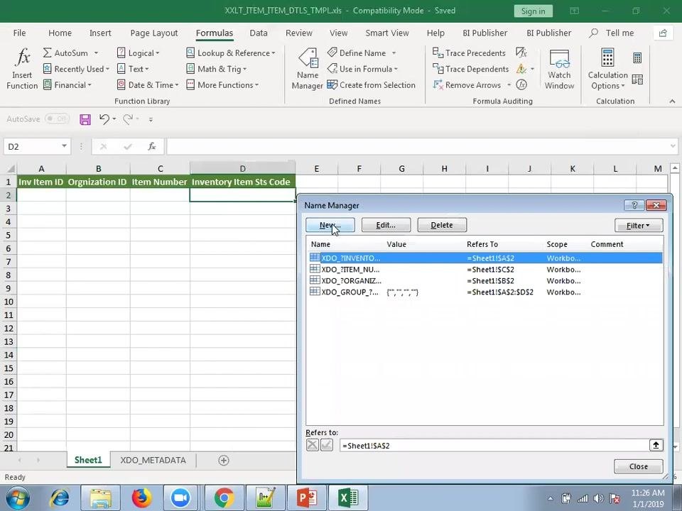 Excel New Name dialog showing Name: XDO_?INVENTORY_ITEM_STATUS_CODE?, Scope: Workbook, Refers to: =Sheet1!$D$2
