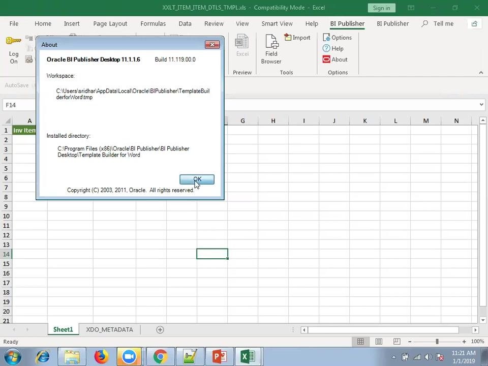 Excel template open with Sheet1 showing columns Inv Item ID, Organization ID, Item Number, with the BI Publisher tab visible