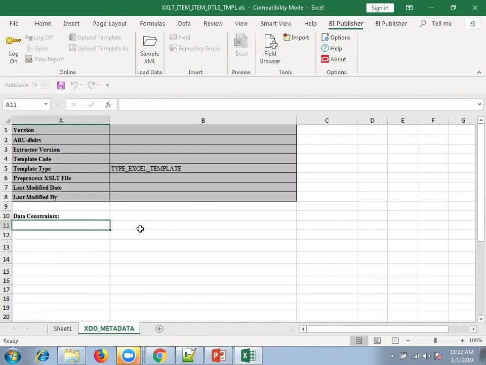 XDO_METADATA sheet in Excel with required metadata fields filled in, including Template Type set to TYPE_EXCEL_TEMPLATE