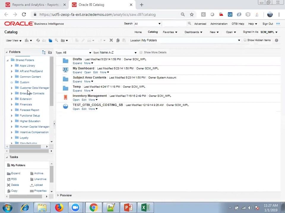 Oracle BI Catalog screen showing folders on the left and a list of reports and dashboards in the main panel