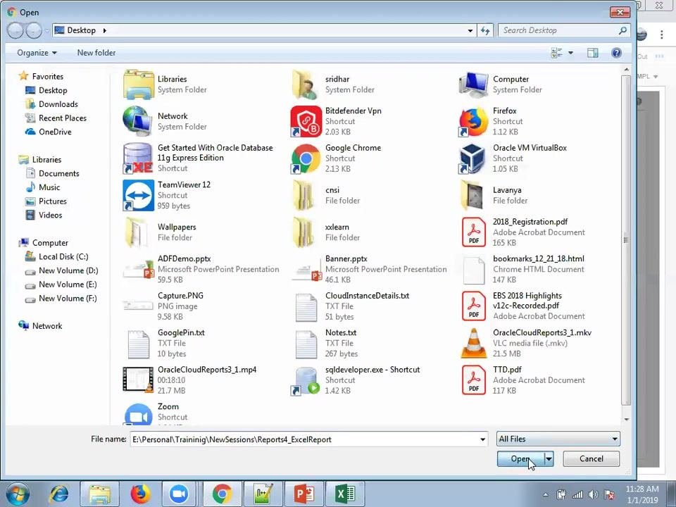 Oracle BI Publisher Upload Template File dialog with the file selected, type set to Excel Template, and the locale dropdown open