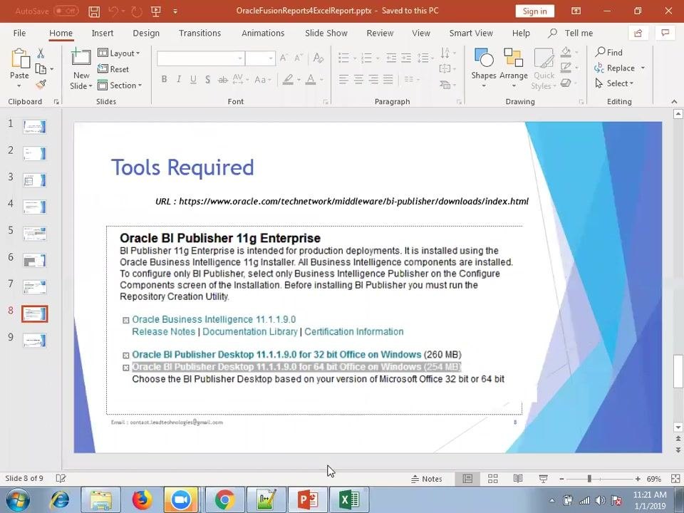 PowerPoint slide listing Oracle BI Publisher 11g Enterprise download links and plugin requirements