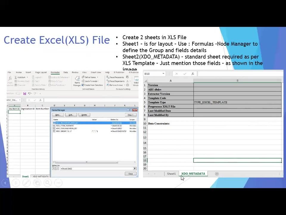Excel file setup for a BI Publisher template: Sheet1 for layout with sample columns, the XDO_METADATA sheet with required metadata fields, and the Name Manager dialog for defining fields