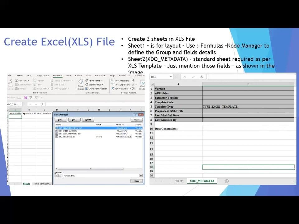 Excel report output on the left with columns Inv Item ID, Organization ID, Item Number; the Oracle BI Publisher web interface on the right showing a "Report Completed" message for the XLS output