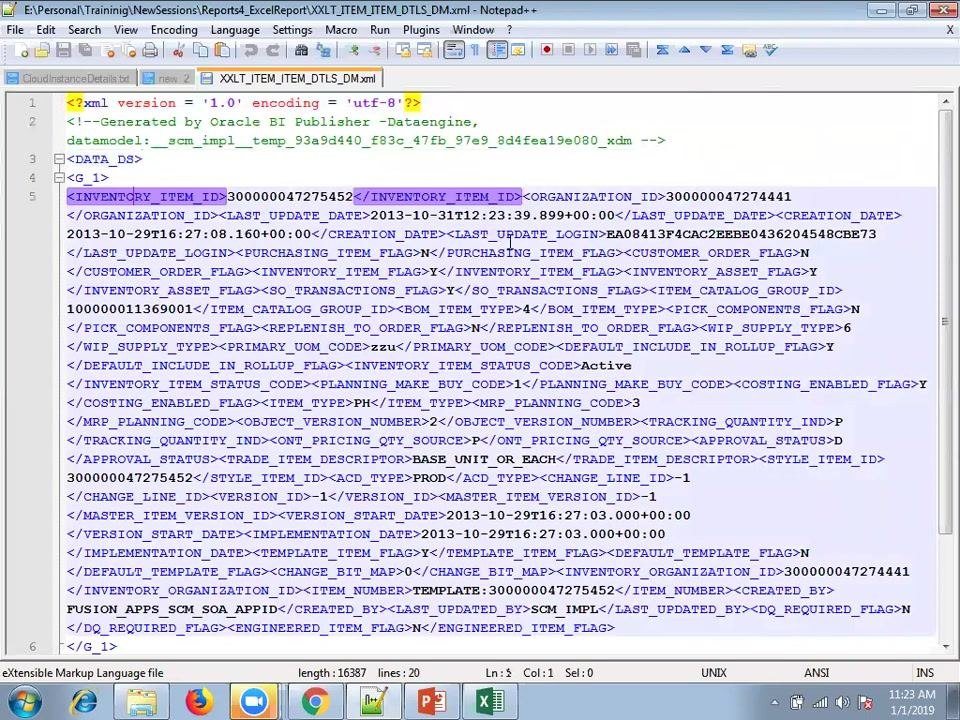 Notepad++ window displaying XML data with highlighted fields such as INVENTORY_ITEM_ID, ORGANIZATION_ID, PURCHASING_ITEM_FLAG, and INVENTORY_ITEM_STATUS_CODE