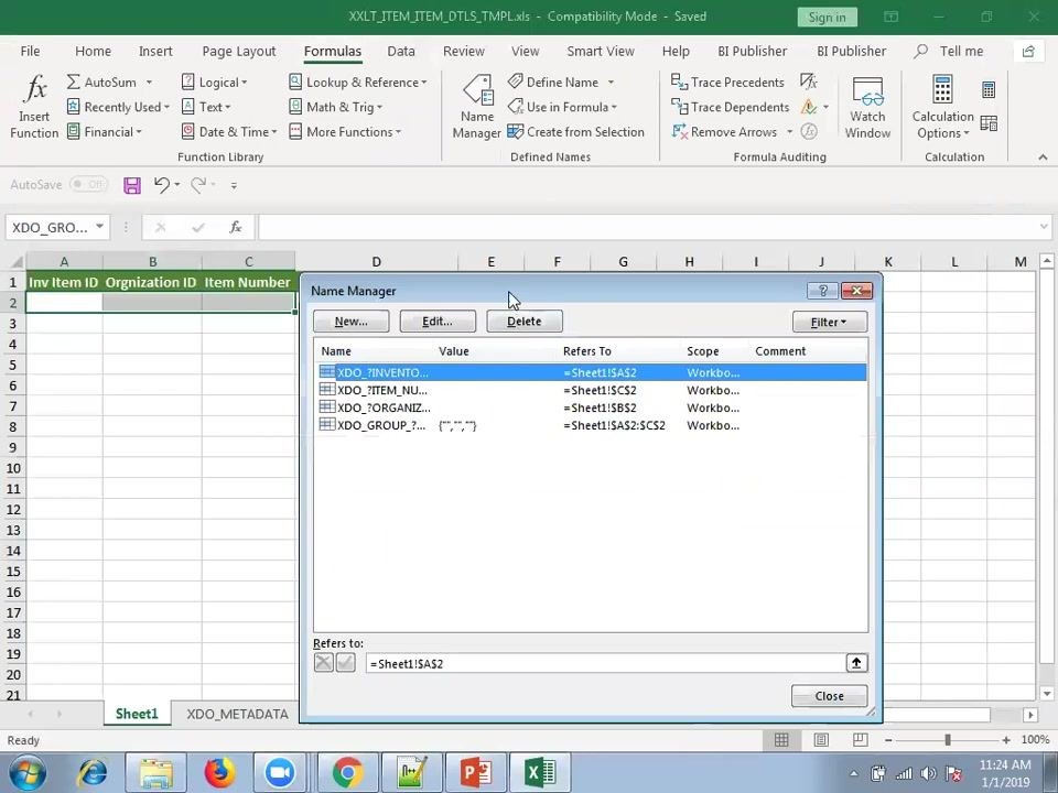 Excel window with the Name Manager dialog open, showing defined names and their cell references, with the Formulas tab active