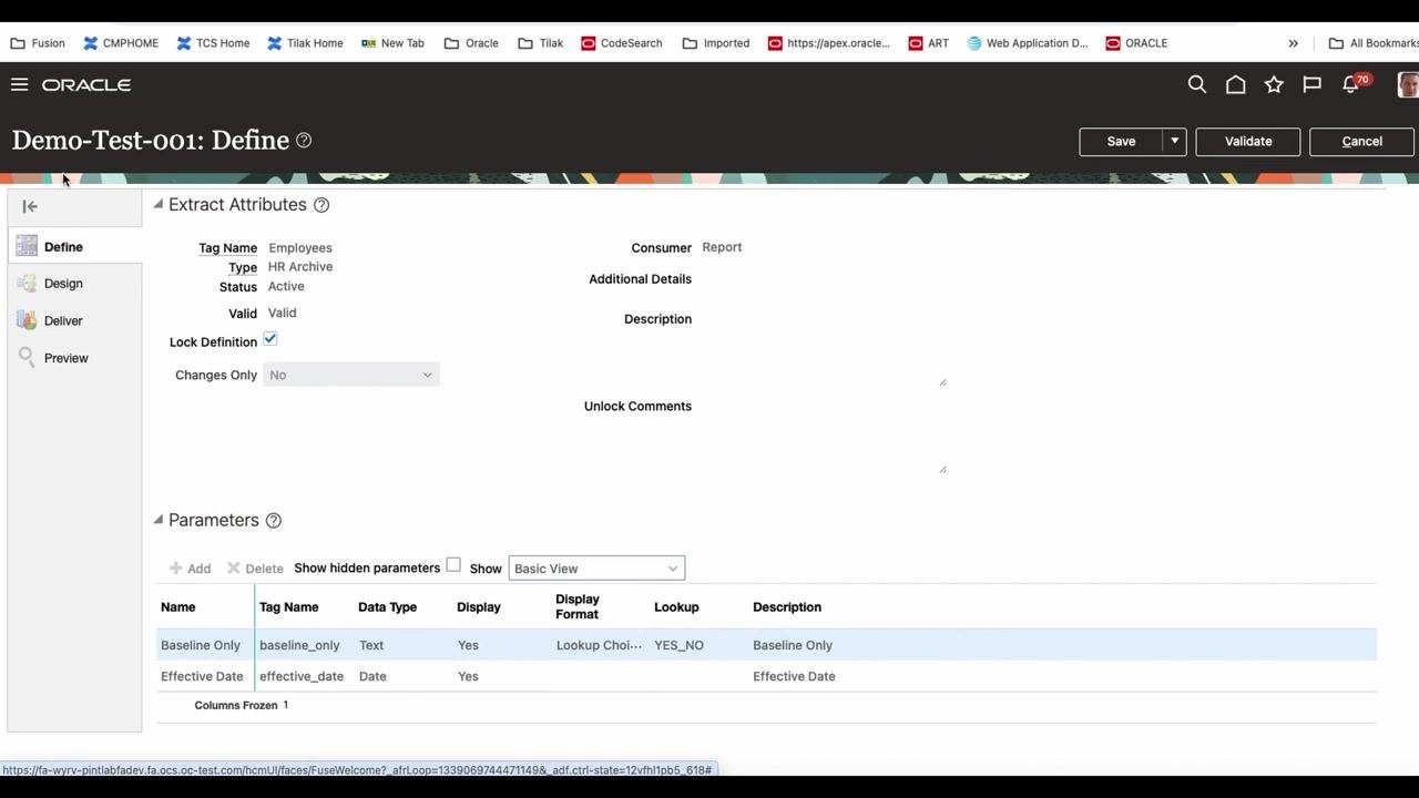 Oracle HCM Define screen showing Extract Attributes: Tag Name Employees, Type HR Archive, Status Active, Valid, Consumer Report, Lock Definition checked, and Changes Only set to No.
