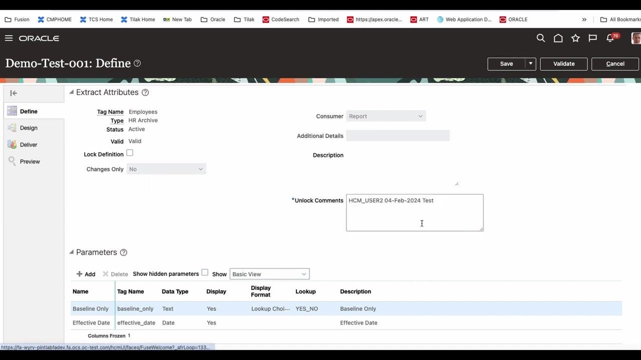 Unlock Comments field updated with "HCM_USER2 04-Feb-2024 Test" in the Define section.
