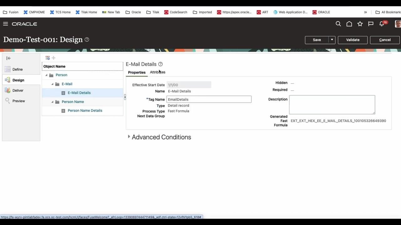 E-Mail Details properties and attributes visible in the Design section.