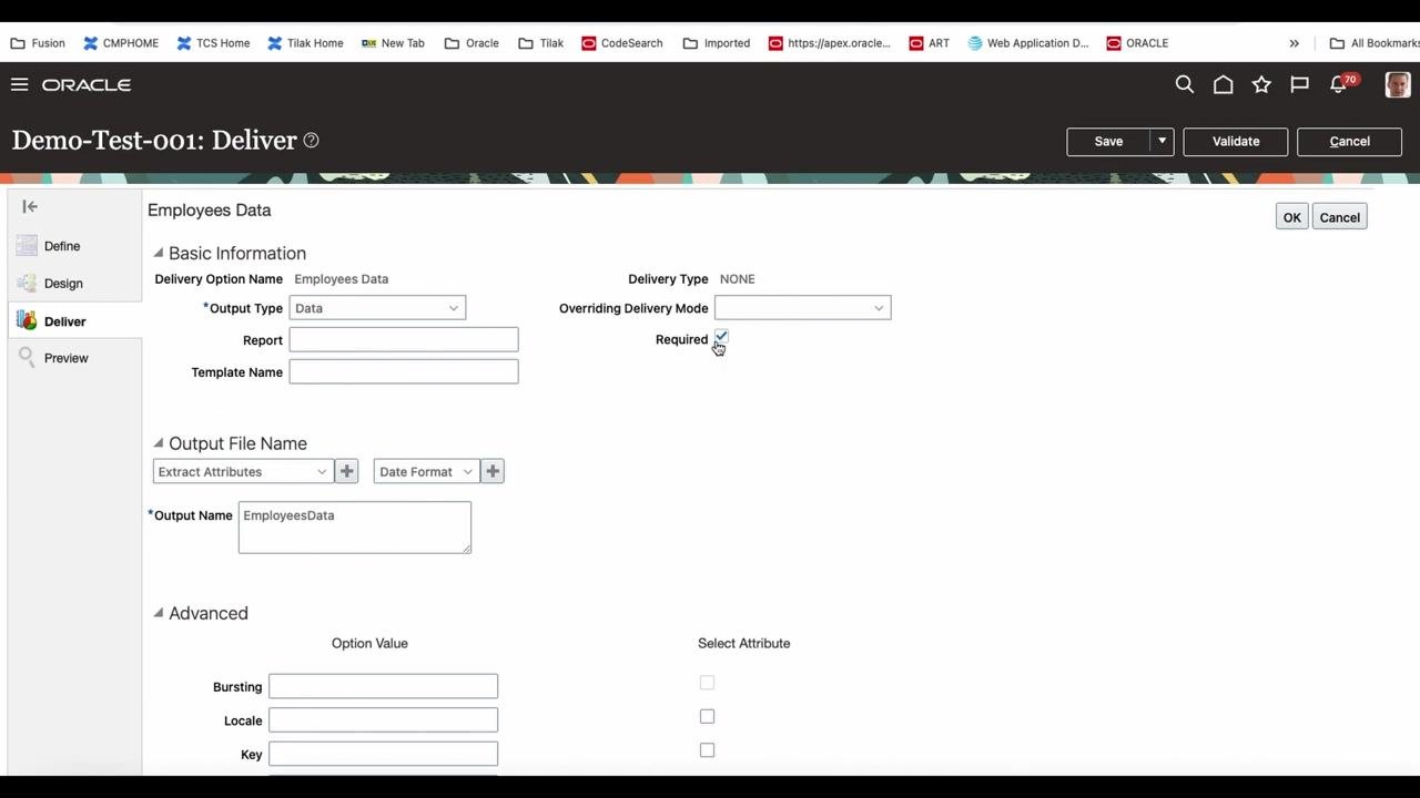 Employees Data delivery option details with Output Type, Output Name, and Required checked.