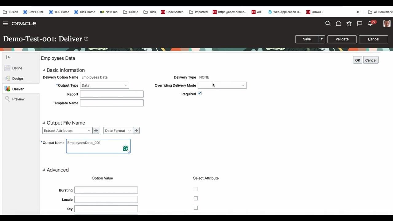 Deliver section with Output Name set to EmployeesData_001 and advanced options visible.