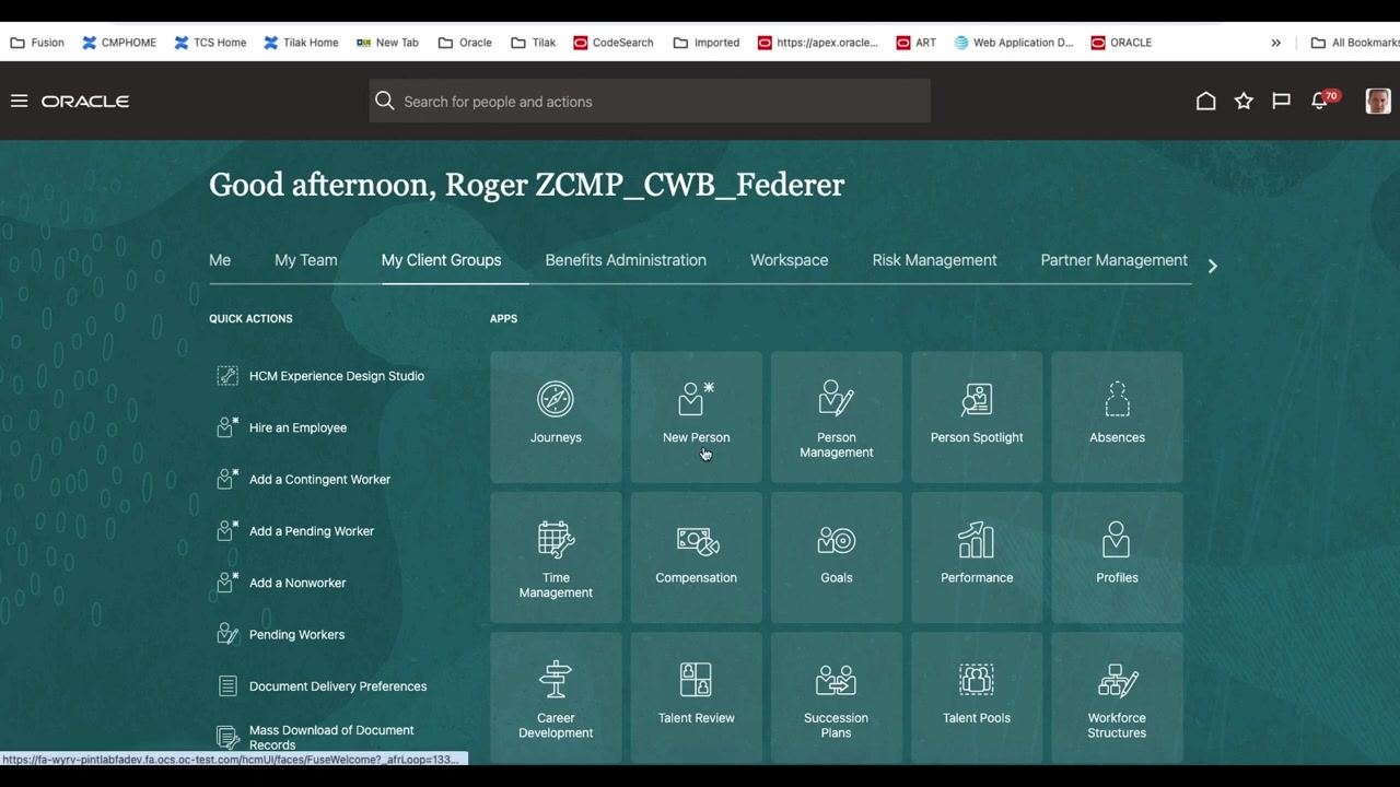 Oracle HCM home screen with the My Client Groups tab selected, showing quick actions and application tiles.