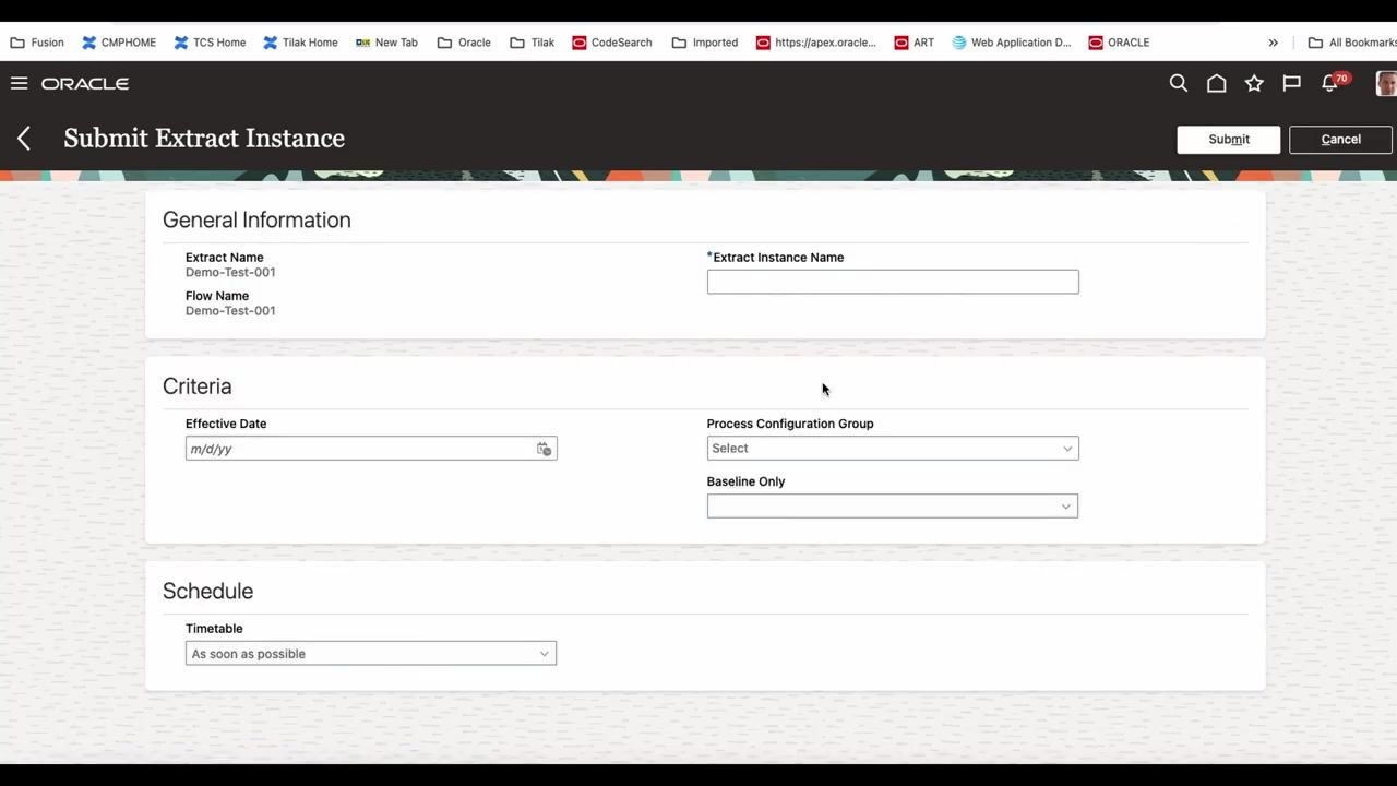 Extract Definitions screen with the actions menu open for Demo-Test-001.