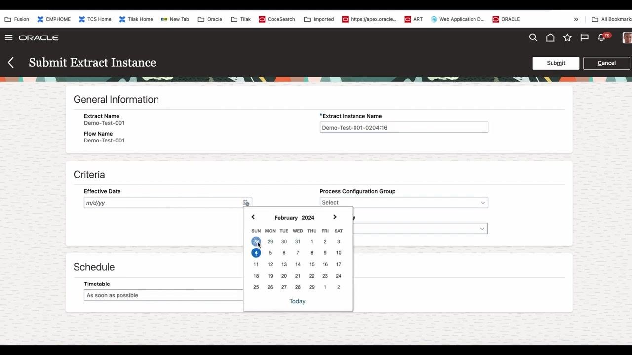 Submit Extract Instance screen with the calendar picker open for Effective Date, with February 4, 2024 selected.