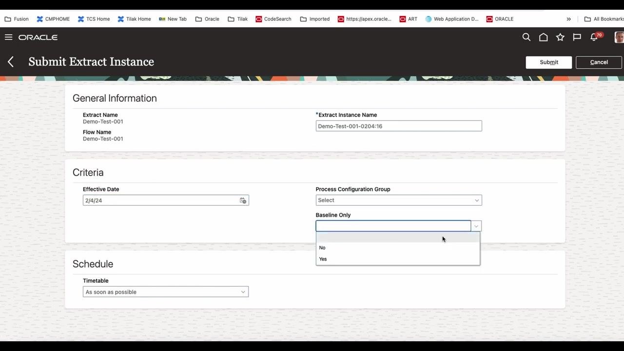 Submit Extract Instance screen with the Baseline Only dropdown open, showing Yes and No options.