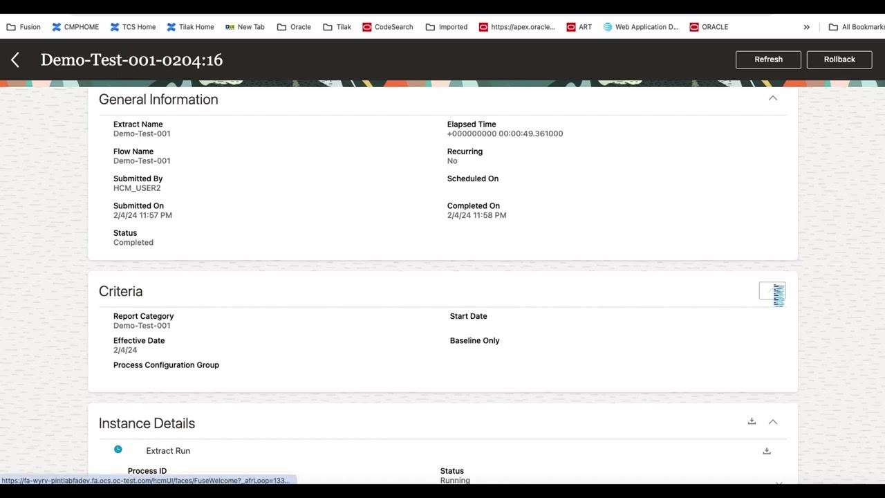 General Information and Instance Details for Demo-Test-001-0204:16, showing extract and flow names, submission details, status, elapsed time, and process IDs with statuses.