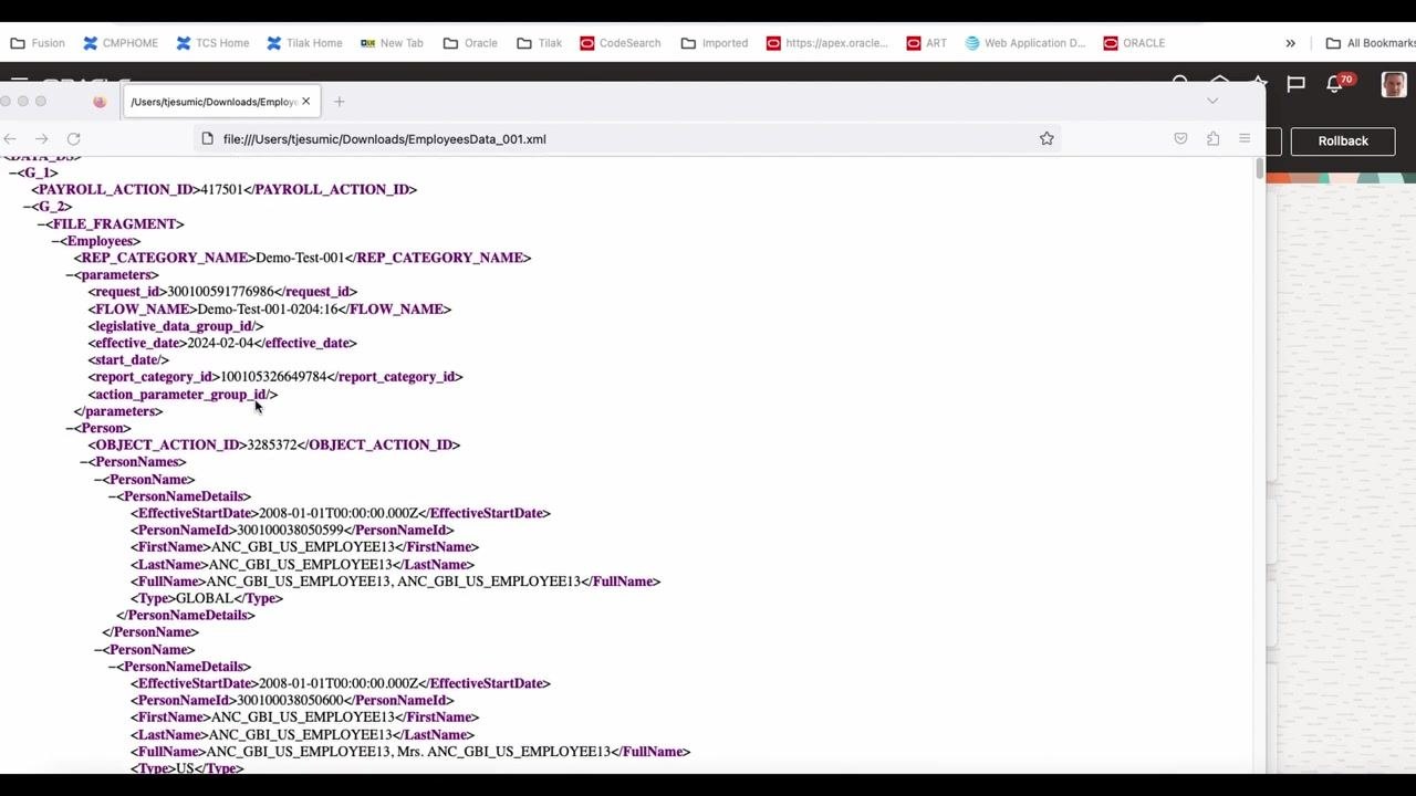 Browser window displaying the XML output file EmployeesData_001.xml with structured data.