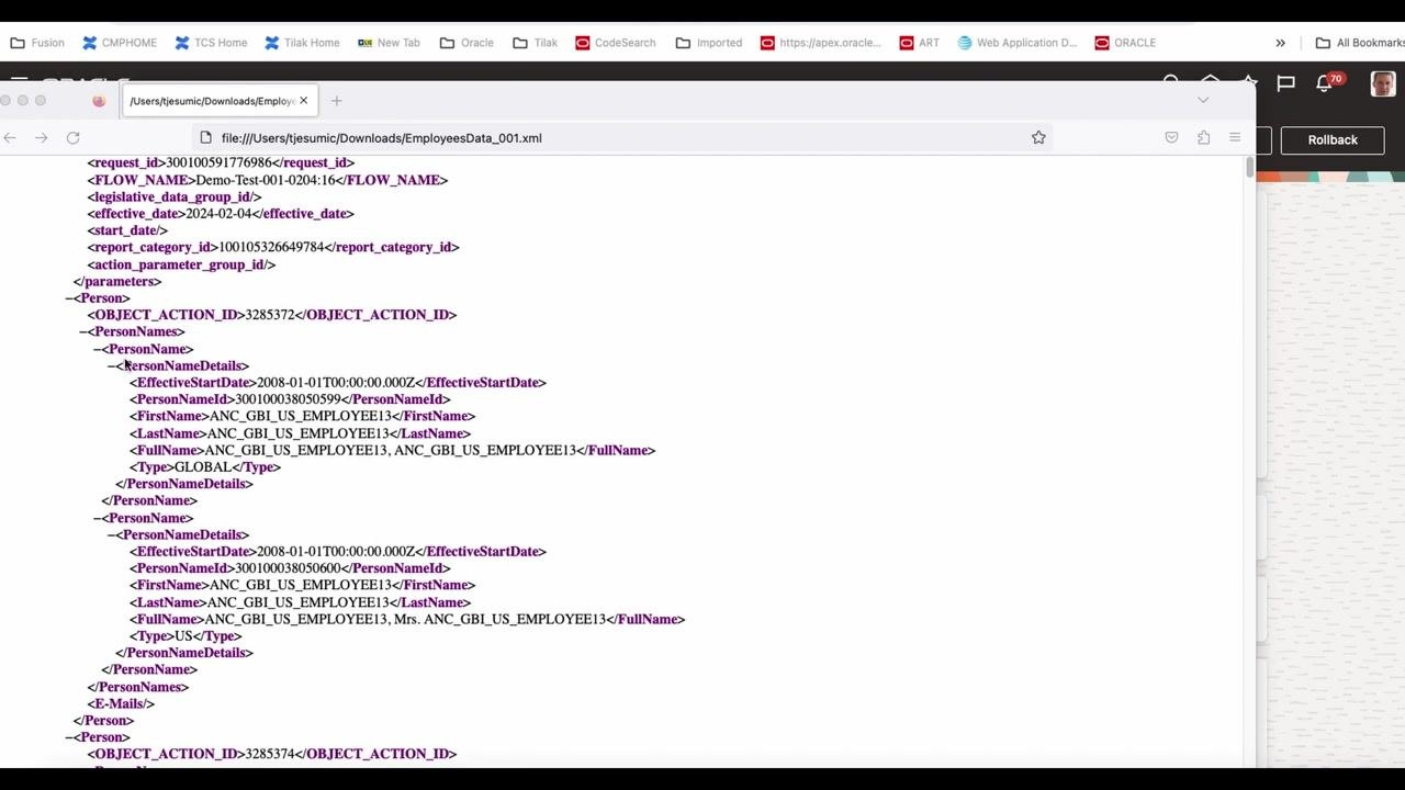 XML file open in the browser, showing employee data with tags for category, flow, effective date, object action ID, and person name details.