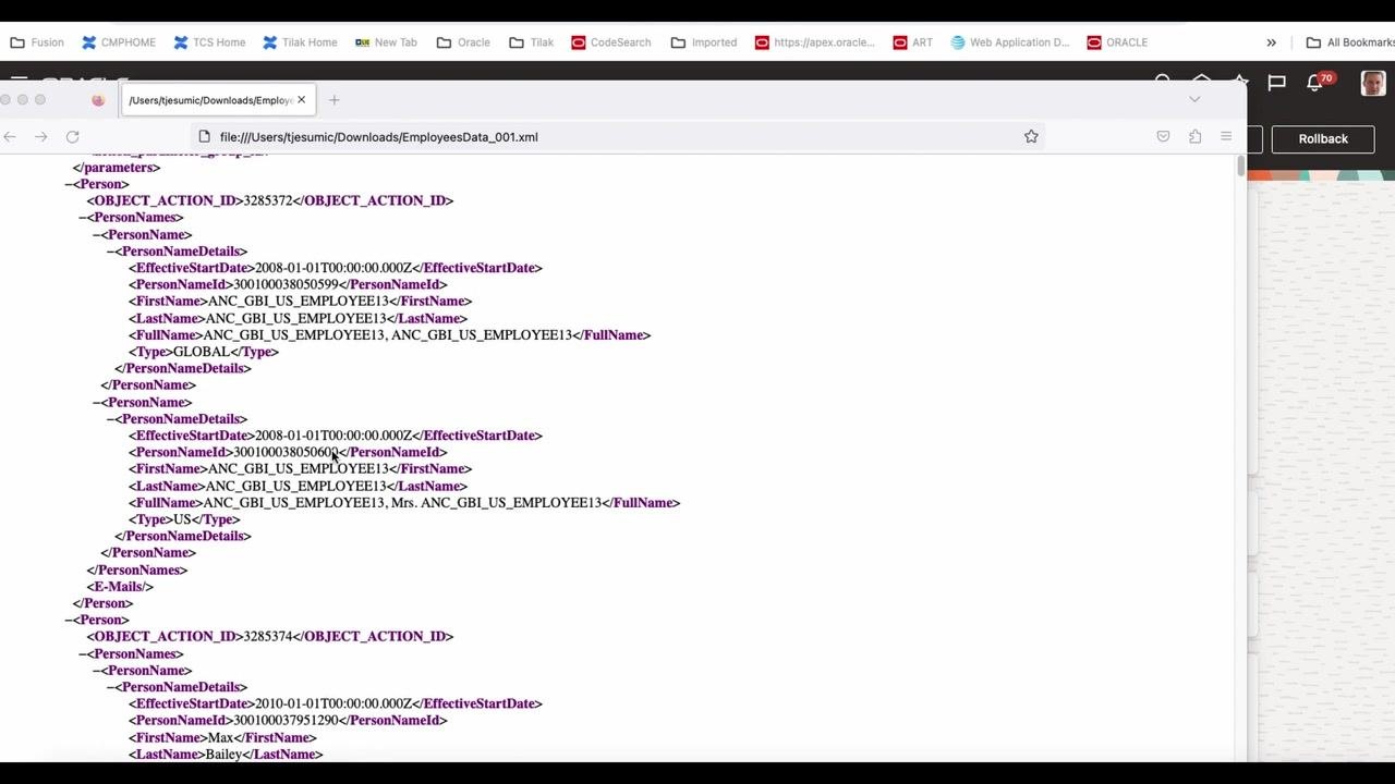 Browser window displaying XML with two PersonNameDetails entries for ANC_GBI_US_EMPLOYEE13, one with Type GLOBAL and one with Type US.