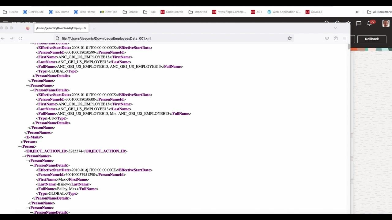 XML file showing EmailDetails for Max Bailey, including EmailType W1 and the email address sendmail-test-discard@oracle.com.