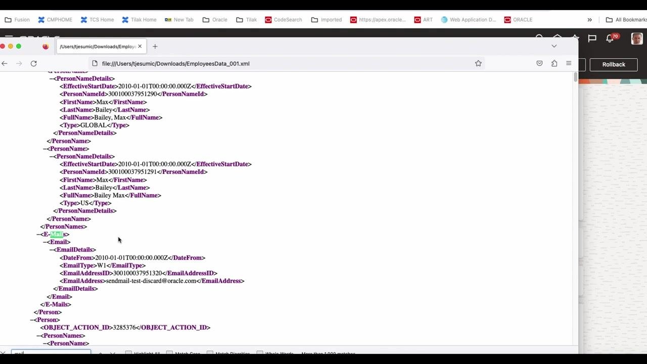 XML file with employee and email details, suitable for conversion to other formats such as RTF or Excel.
