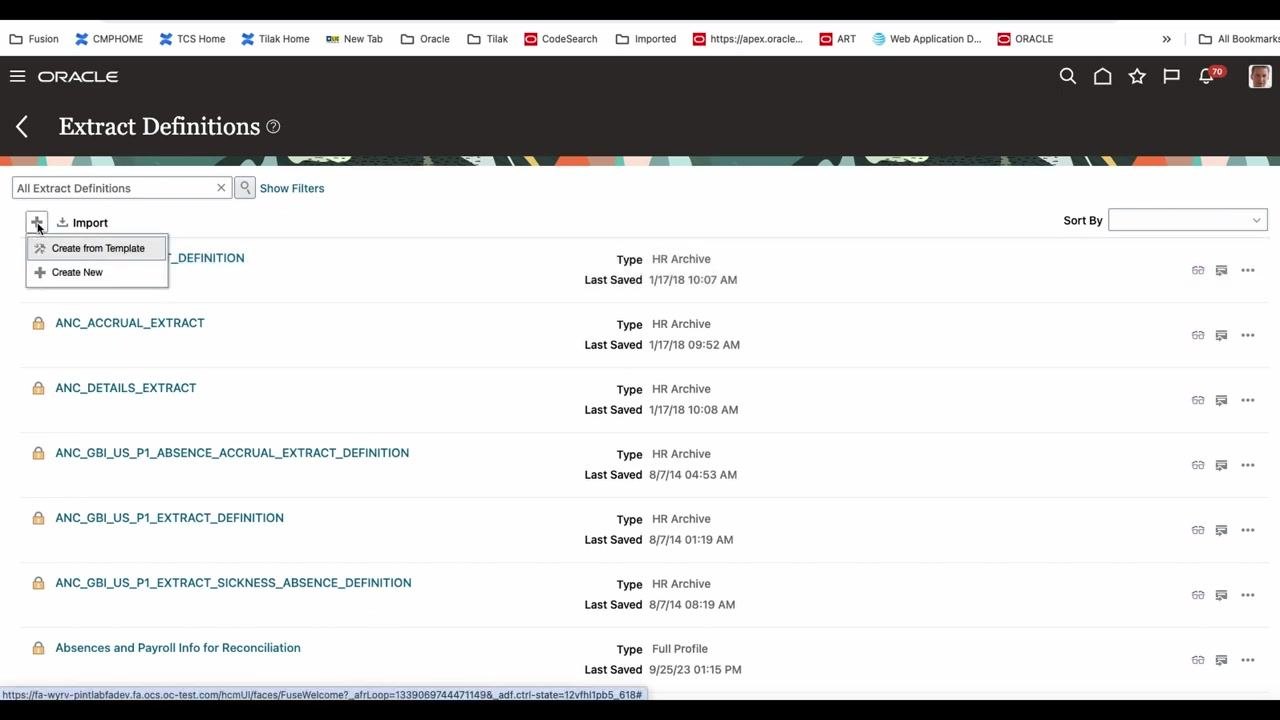 Extract Definitions page with the Create from Template option selected in the Import dropdown.
