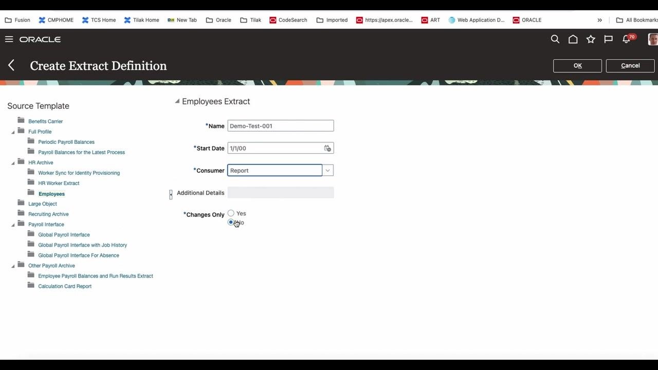 Create Extract Definition form filled in with Name Demo-Test-001, Start Date 1/1/00, Consumer Report, and Changes Only set to No.