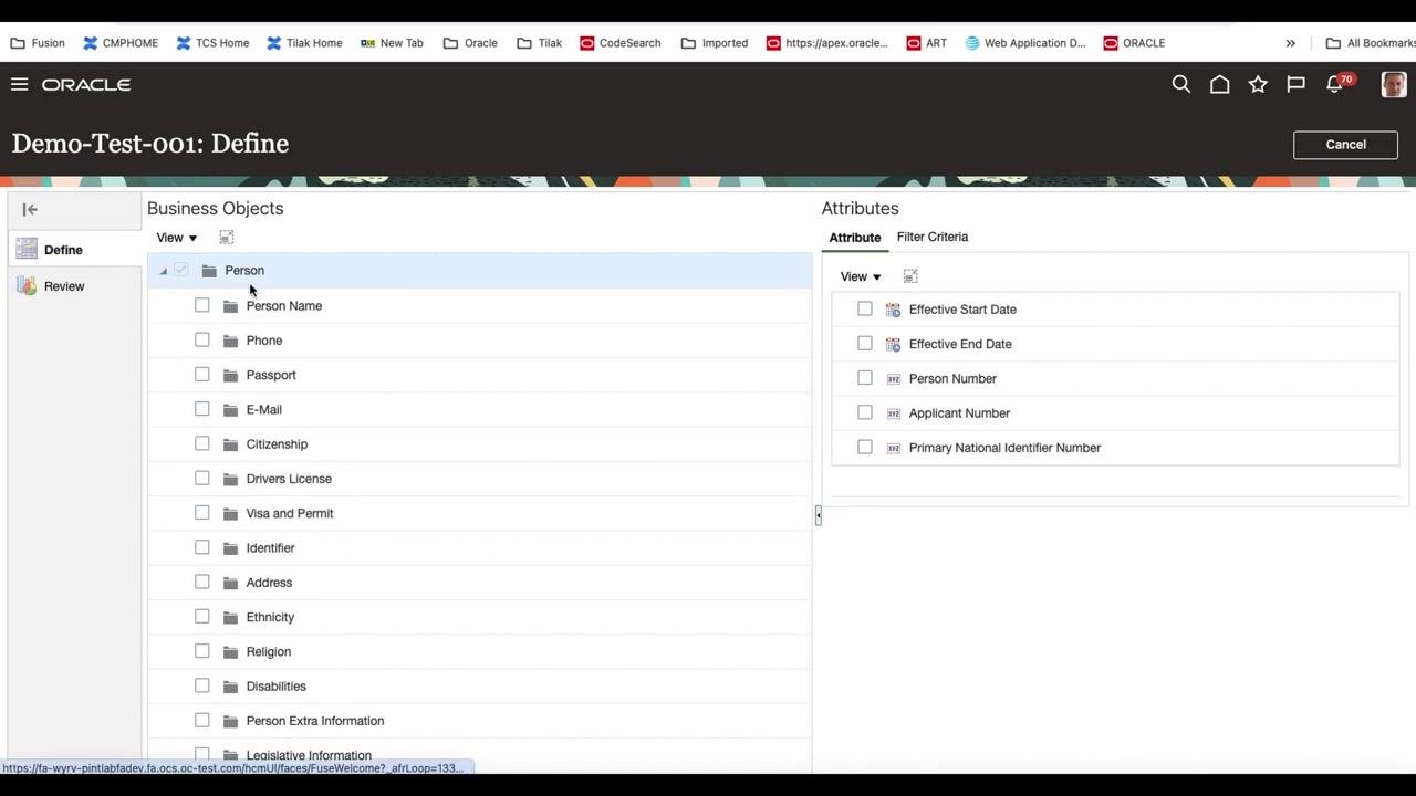 Oracle HCM Define screen with the Person business object expanded, showing sub-objects such as Person Name, Phone, Passport, and E-Mail.