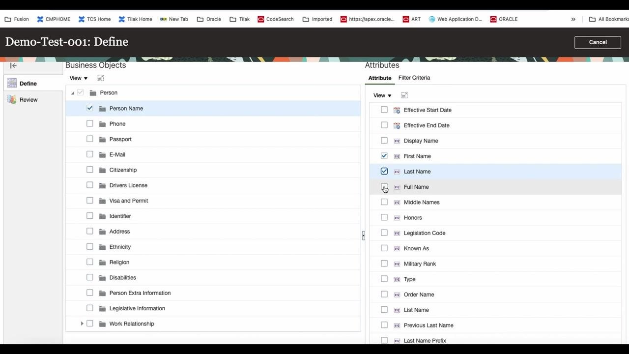 Person Name attributes selected, including First Name, Last Name, Full Name, Type, and Effective Start Date.