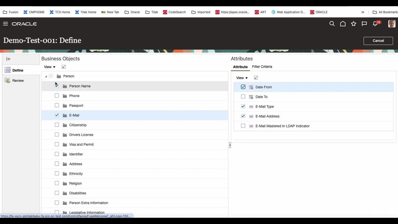 E-Mail attributes selected, including Date From, E-Mail Type, and E-Mail Address.