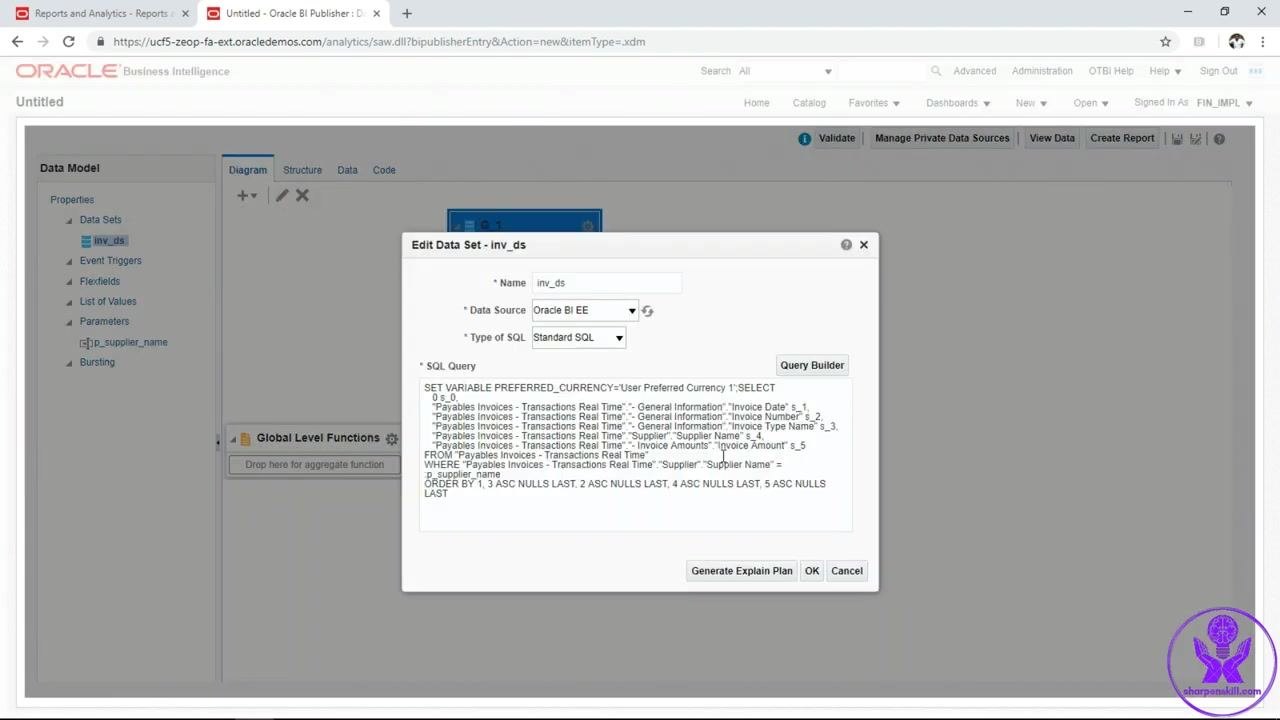 Edit Data Set dialog showing the SQL query with column aliases s_1 through s_5