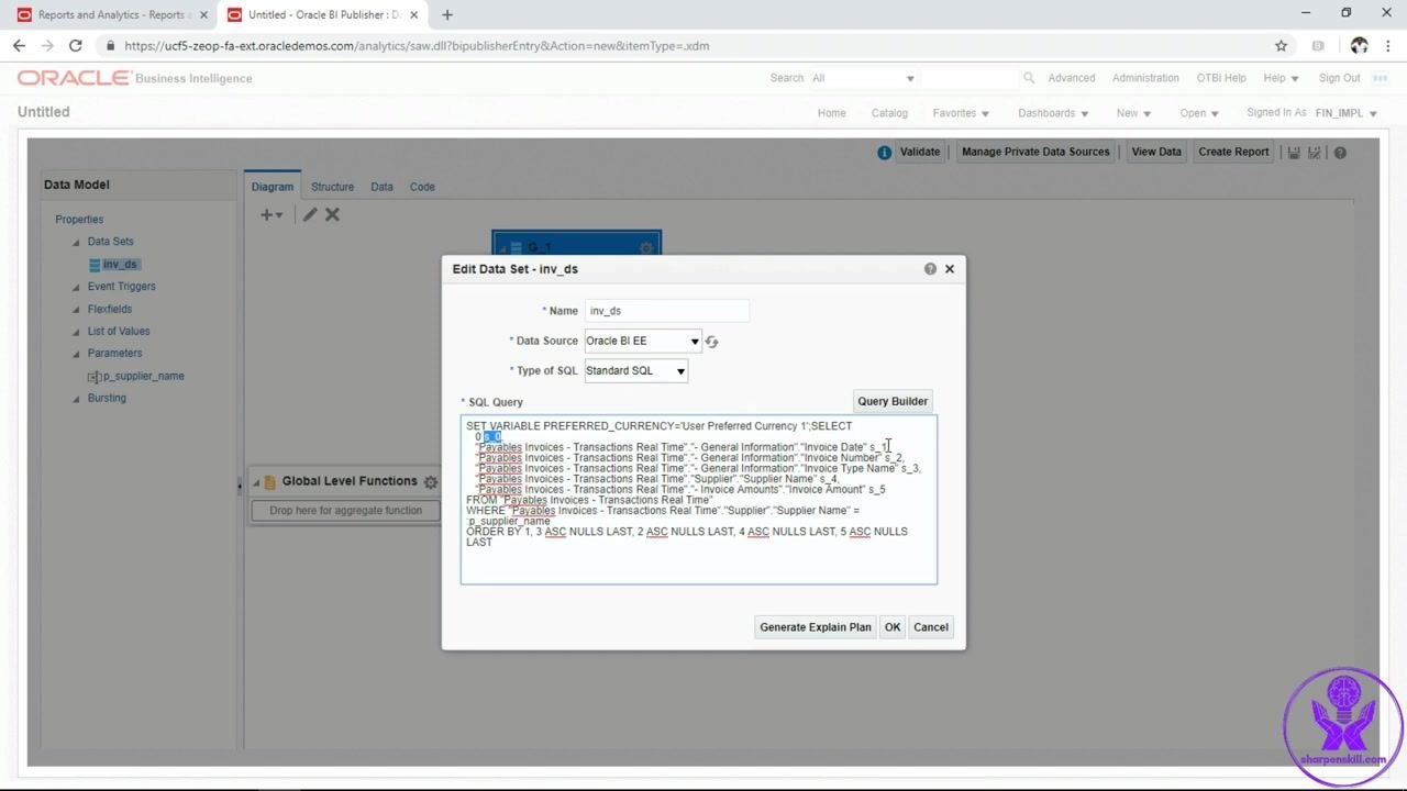 Edit Properties dialog for s_1 showing Alias invoice_date and Display Name Invoice Date