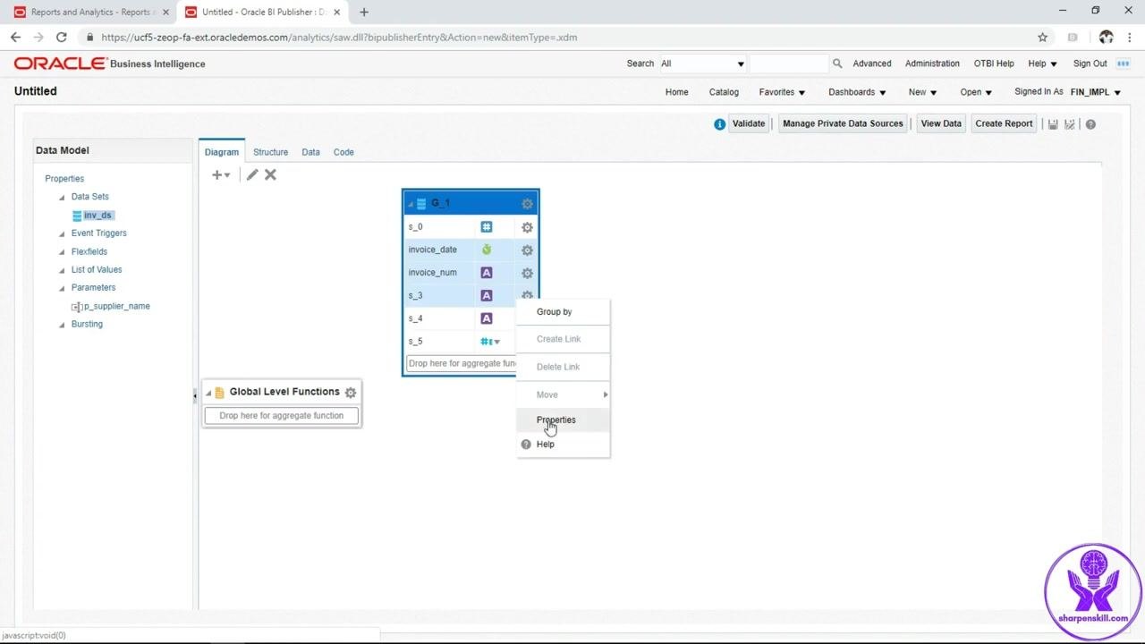 Diagram tab with a right-click context menu on the invoice_num column, with the Properties option highlighted